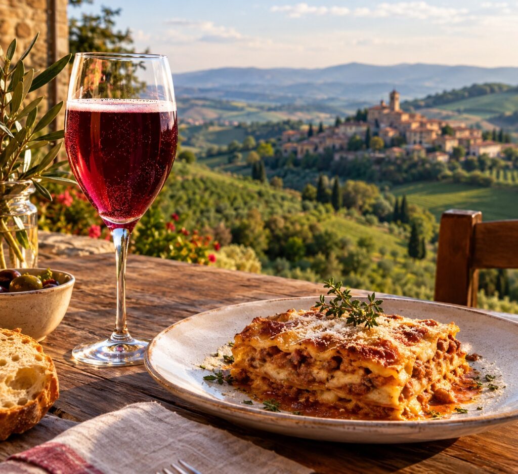 Ein Glas rubinrote Vernaccia di Serrapetrona DOCG und frisch gebackene Vincisgrassi – kulinarische Besonderheiten aus den Marken, eingebettet in die sanfte Hügellandschaft Mittelitaliens